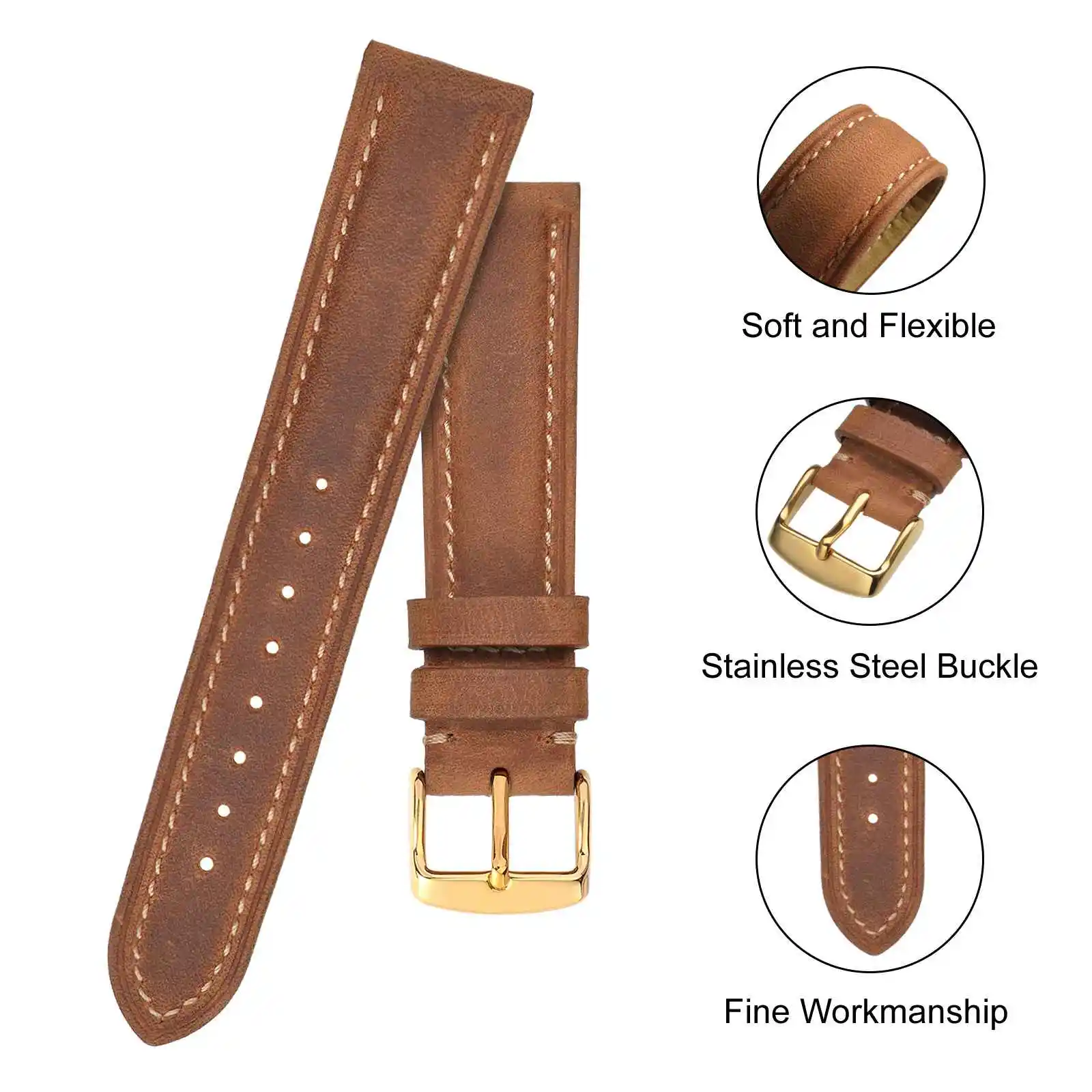 BISONSTRAP Watch Band 14mm 15mm 19mm 20mm 22mm 23mm 24mm Crazy Horse Leather WatchStraps Vintage Replacement Belt Gold Buckle