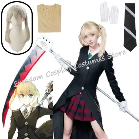 Maka Albarn Cosplay Anime Soul Eater Kostümü Yetişkin Kadın Etek Eldiven Üniforma Takım Cadılar Bayramı Partisi Rol Yapma Kıyafeti Maka Cos peruk
