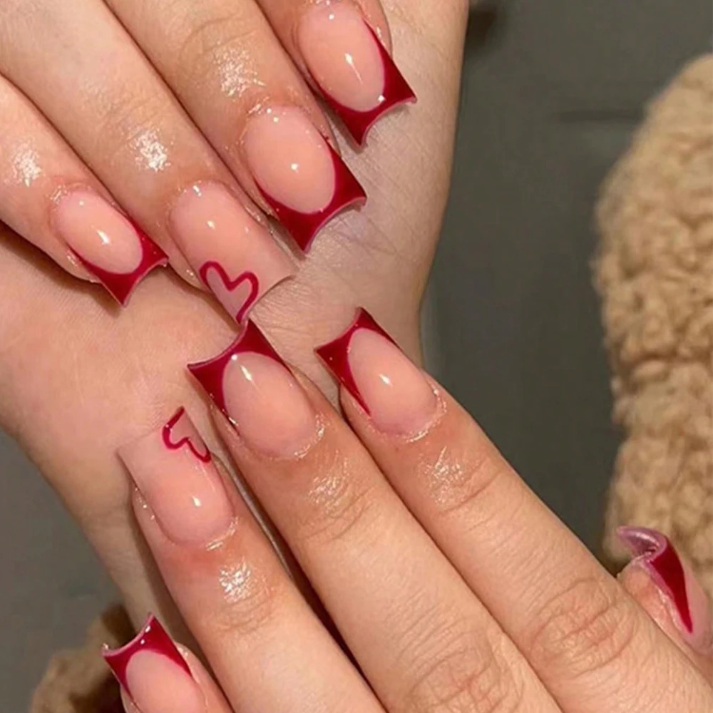 24 Stuks Medium Vierkant Roze Frankrijk Volledige Dekking Nep Nail Set-Korte Doodskist Pers Op Nagels Liefde Ontwerp Voor Meisje Moeder Vrouwen Cadeau