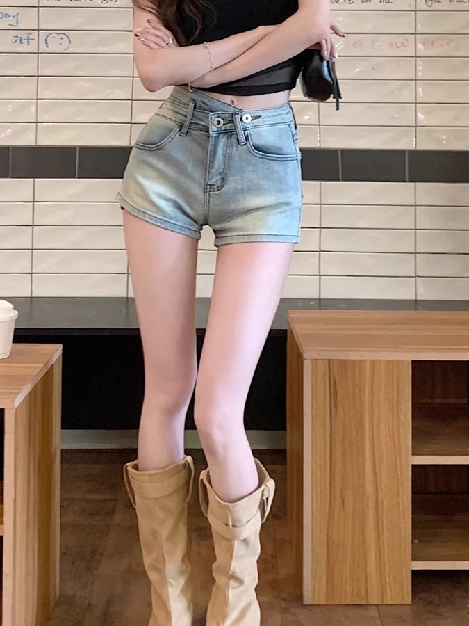 American Style Hot Girl Retro Denim Shorts High Waist Slim Fit Washed Slimming Hot Pants Casual Cotton Stretch Denim