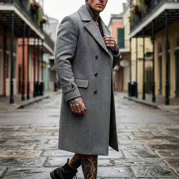 Men's Solid-Color Double-Breasted Long Trench Coat 2 New Men's Solid Color Trench Coat Double Breasted Long Coat Street Wear Knee Trench Coat Business Casual Men's Officewear Jacket 2
