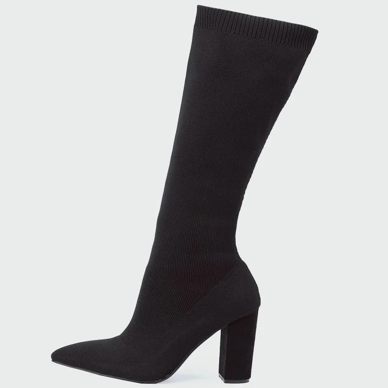 

Knitted Elastic Women thick heel Sock Boots Pointy Toe Ladies High Heel Sexy Party Knee-high Women's Boots