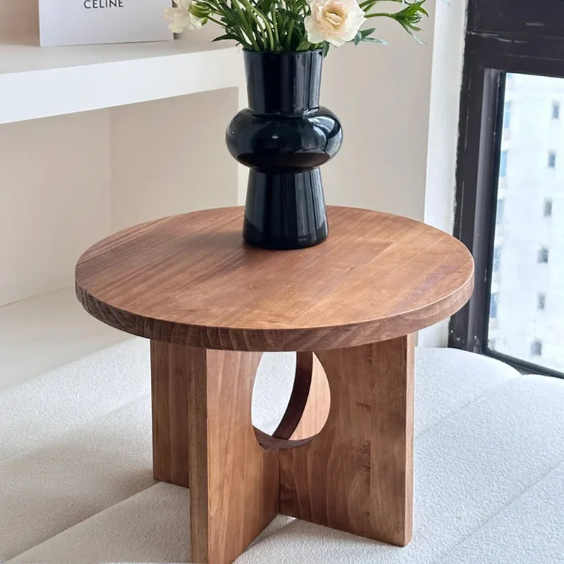 Mini Solid Wood Coffee Table, Retro-Style Small Round Table for Living Room & Window Sill