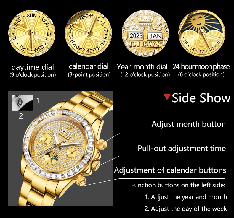 OLEVS 7038 Orologio meccanico automatico da uomo originale di lusso Calendario impermeabile 24 ore con fasi lunari Orologio da uomo con diamanti HD di marca Reloj