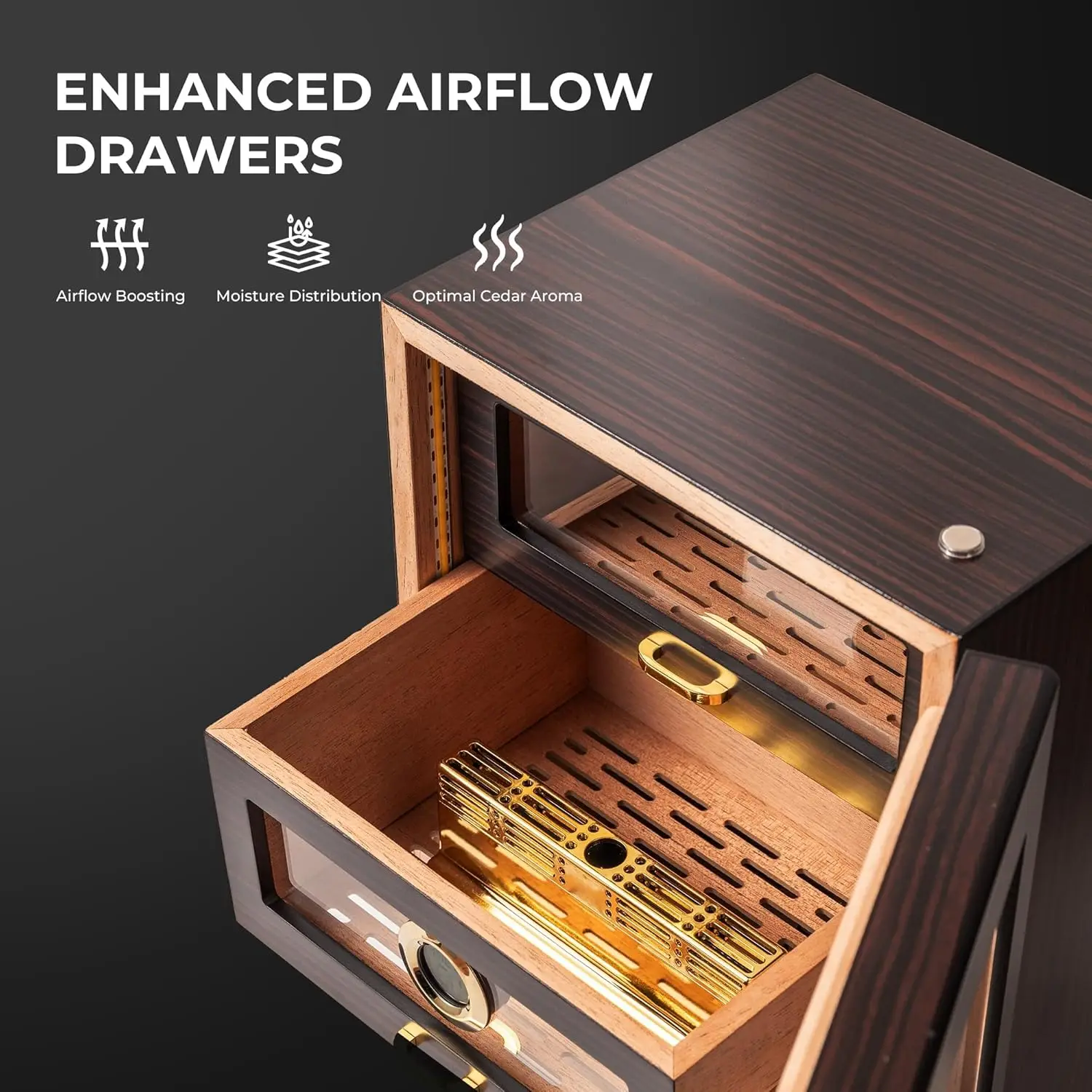 男性用デスクトップシガーヒュミドールキャビネット、LED照明付きで150本収納可能、スペイン杉製引き出しとデジタル湿度計付き