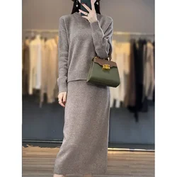 Tailor Sheep Hot Selling Women's 100% Wool Set Fashion O-Neck Pullover Sweater Long Sleeve Knitted Slim Half Dress Set