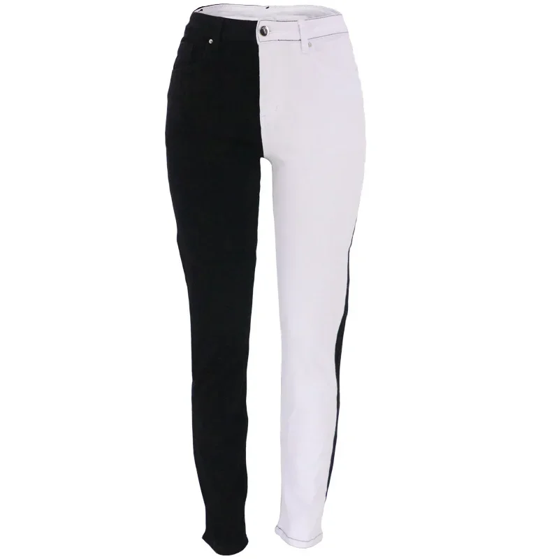 2021 New Black And White Contrast Color Patchwork Jeans Women Straight High Waist Denim Trousers Fashion Streetwear Casual Pants