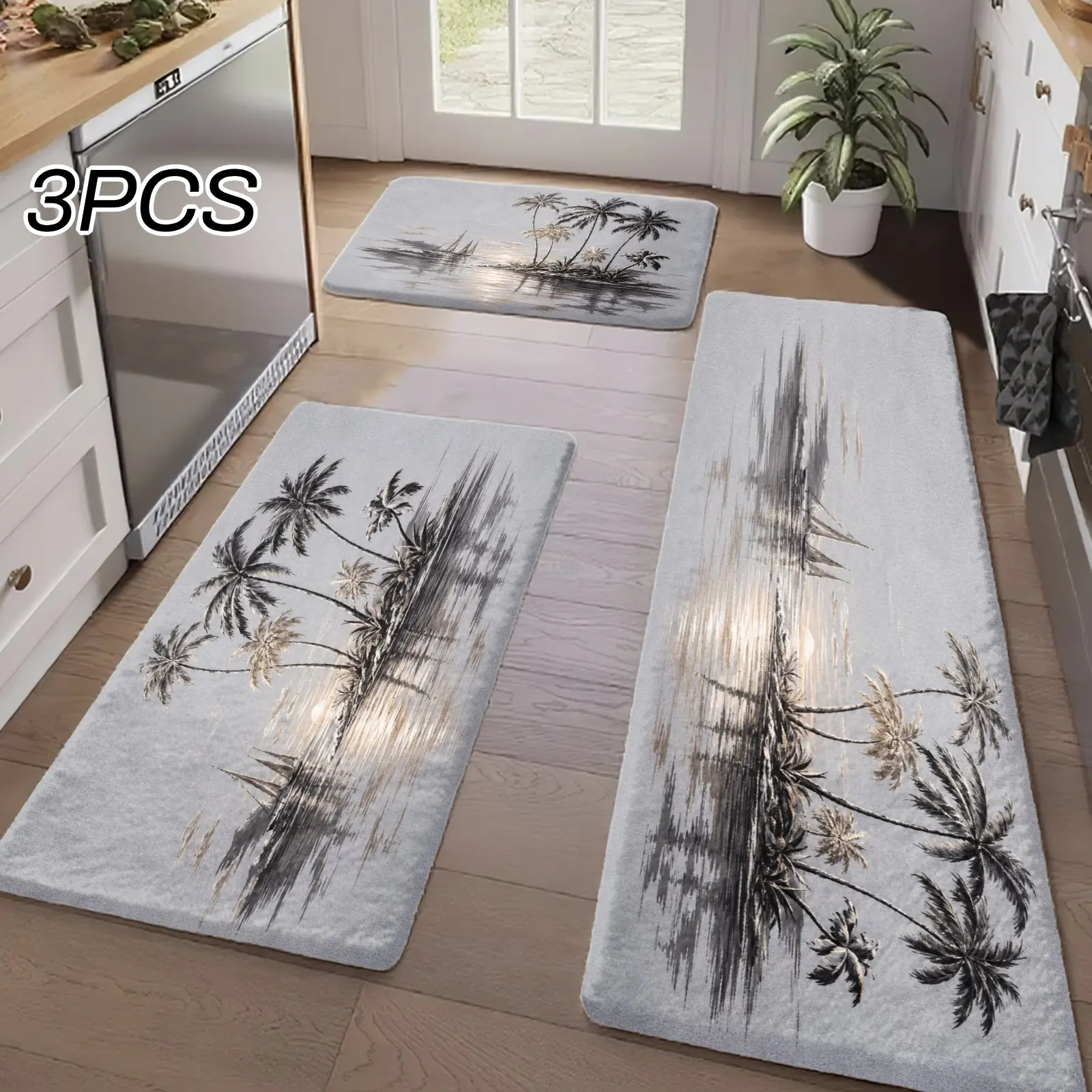 3PCS Kitchen Rugs,Home Decoration for Front Door, Kitchen, Bathroom, Palm Trees And Water Reflections Pattern Dining Mat