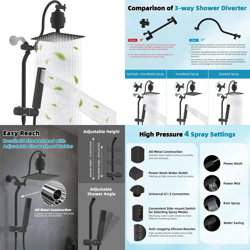 

10 Inch High Pressure Filtered Rainfall Shower Head with 4-Mode Handheld Spray and 12 Inch Extension for Enhanced Shower Experie