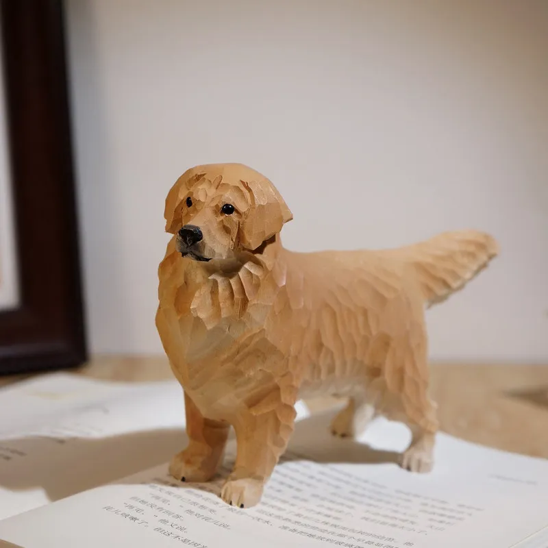 

Handmade Wood Carving Golden Retriever Puppy Ornament Simulation Cute Dog Figurine Mini Solid Wood Animal Statue For Home Desk