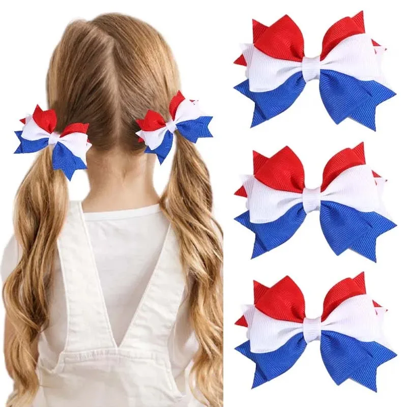 Oaoleer 4th of July Blue White Hair Bow Clips Flag Day Bows Hairpin Sweet Girls Handmade Barrettes Headwear USA Hair Accessories