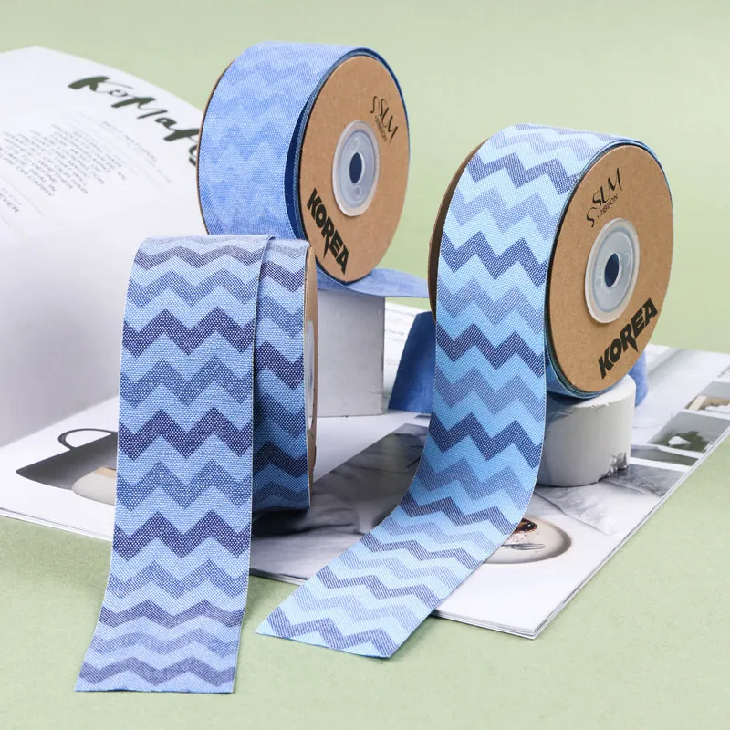 Denim Jeans Fabric Ribbon Wave Stripe Pattern Printed 25mm 38mm DIY Hair Bowknots Kids Women Accessories Material Thick Tape