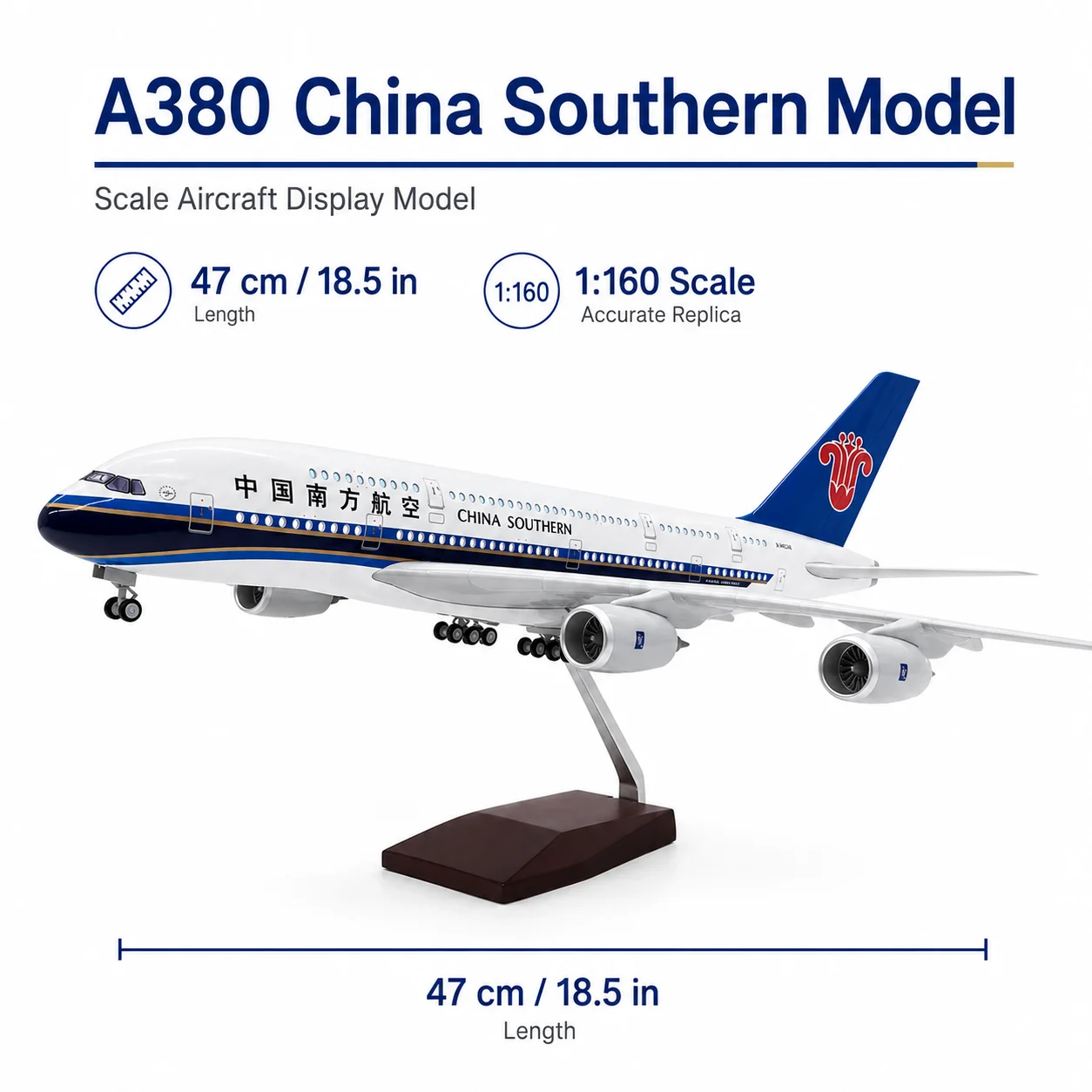 1:160 Scale 45.5cm Airbus A380 China Southern Airlines Model Diecast Plastic Resin with Landing Gear Wheels & Display Stand for