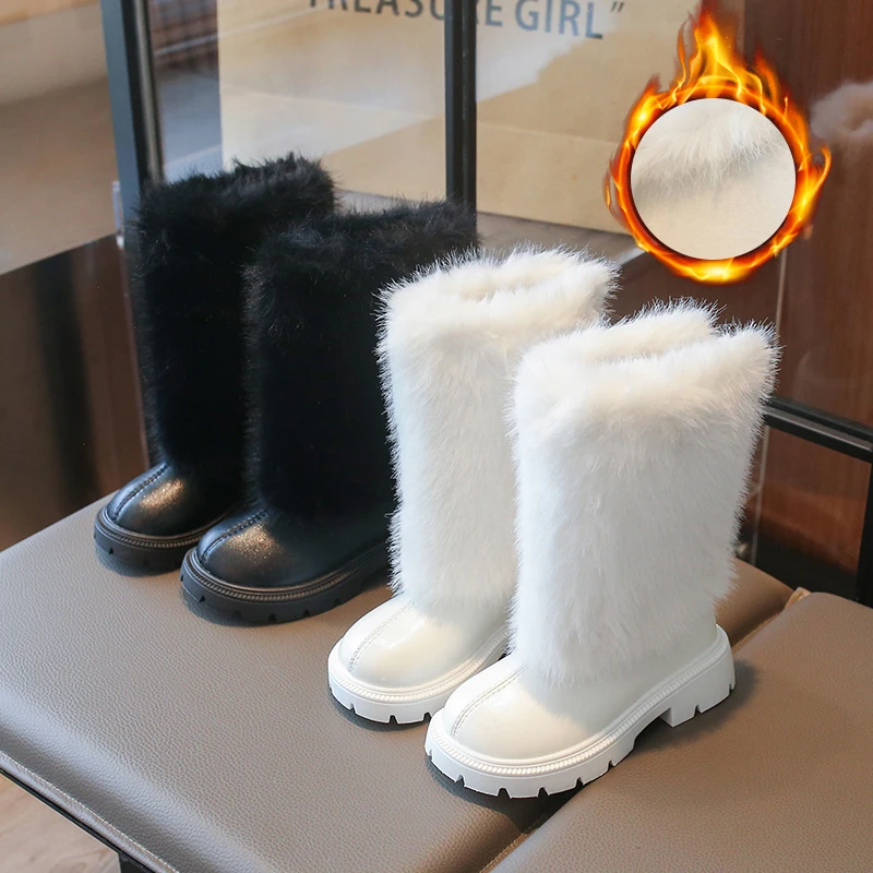 Fluffy White Fur Knight Boots for Kid Girl Autumn Mid-Calf Flat Booties Children Round Toe Square Heel Fashion Leather Botas