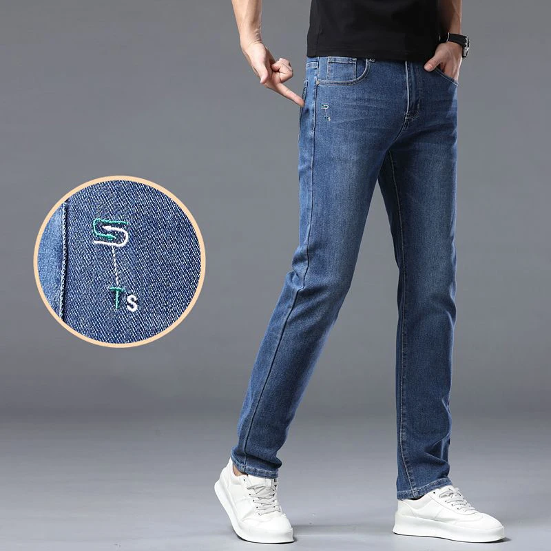 

Весенне-летний тренд, новая мода, мужские облегающие джинсы, деловые повседневные эластичные прямые джинсовые брюки, мужские однотонные брюки