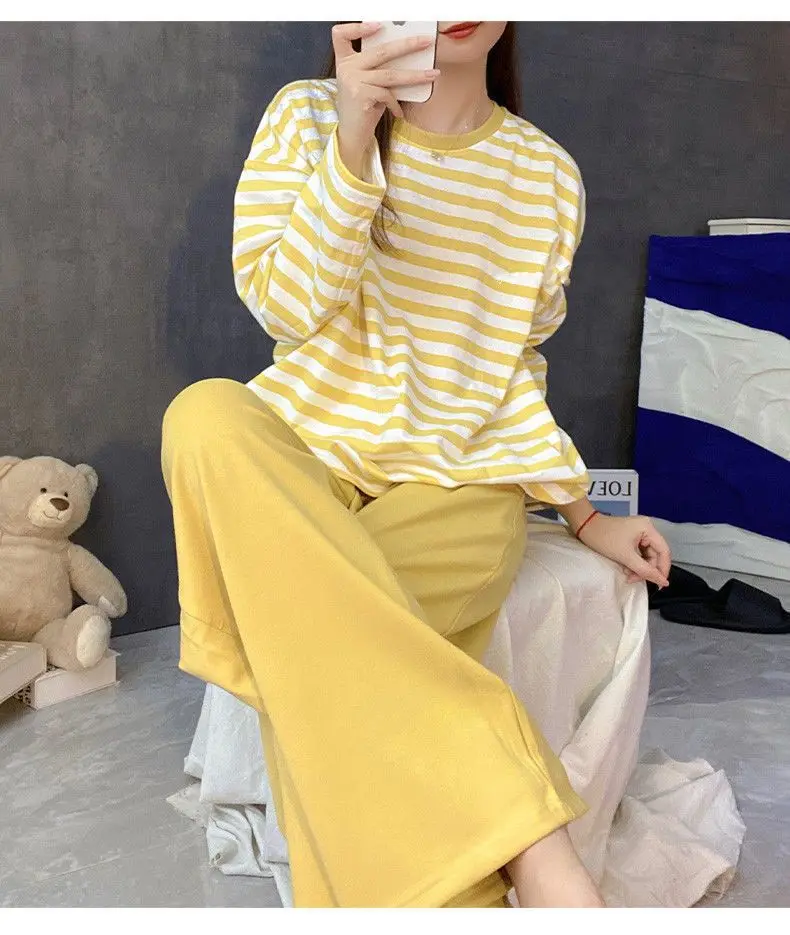 Damen-Herbst-Pyjama mit Brustpolstern, gestreift, langärmelig, Übergröße, O-Ausschnitt, schlicht, lässig, modisch, koreanischer Schulpyjama, Homewear – Detail 15