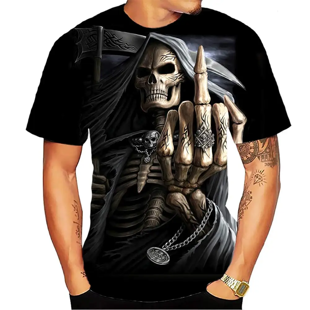 Summer Mens 3D Grim Reaper Skull Graphic Printed Design Funny T Shirts for Men Oversized T-shirt Space Travel Short Sleeve Tee