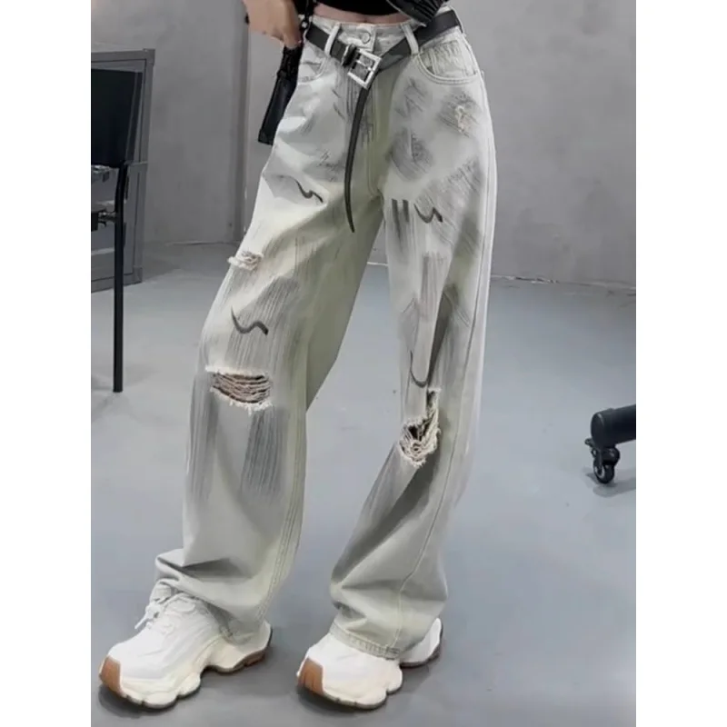 High Street Graffiti Straight Hole Jeans Female Tide Thin High Waist Loose Wide-leg Pants in Summer