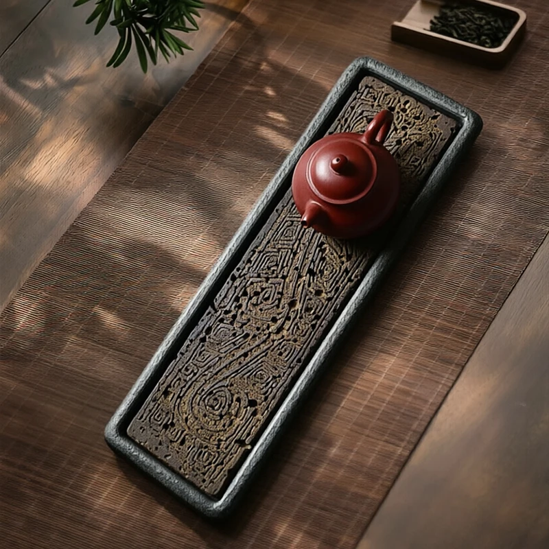 Natural Stone Tea Tray Volcanic Basalt Handcarved Dragon Totem Kung Fu Tea Ceremony Home Office Decor Tea Lover Gift 38x12cm