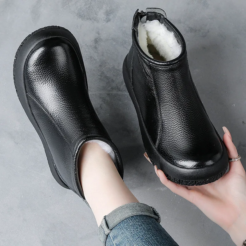 

Women Snow Boot Winter Natural Wool Fluffy Fur Platform Warm Ankle Boots for Female Genuine Leather Flat Platform Boots