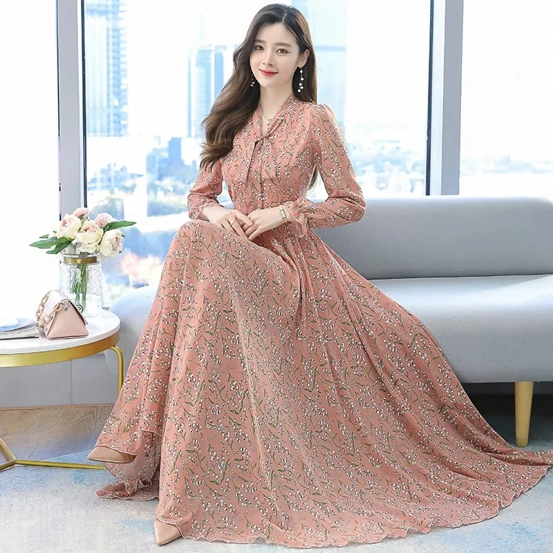 Chiffon Long Sleeve Dress 2023 Spring/Summer New Fragmented Chiffon Super Fairy Waist Waist Beach Dress Long DressV-Neck Tie Bow