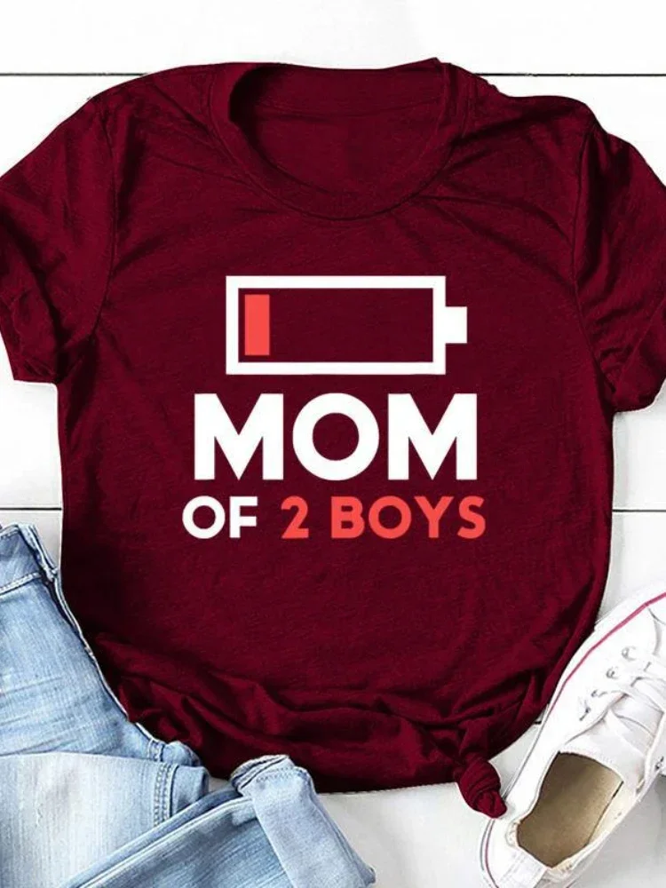 Women T Shirt MOM OF BOYS Recharge Print Short Sleeve O Neck Loose Women Tshirt Ladies Fashion Tee Shirt Tops Camisetas Mujer