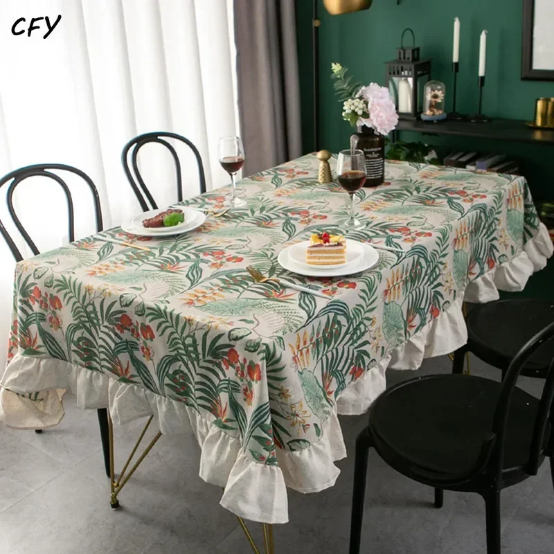 

Cotton Linen European Floral Ruffled Rectangular Tablecloth Coffee Desks Cover for Dining Table Wedding Decor