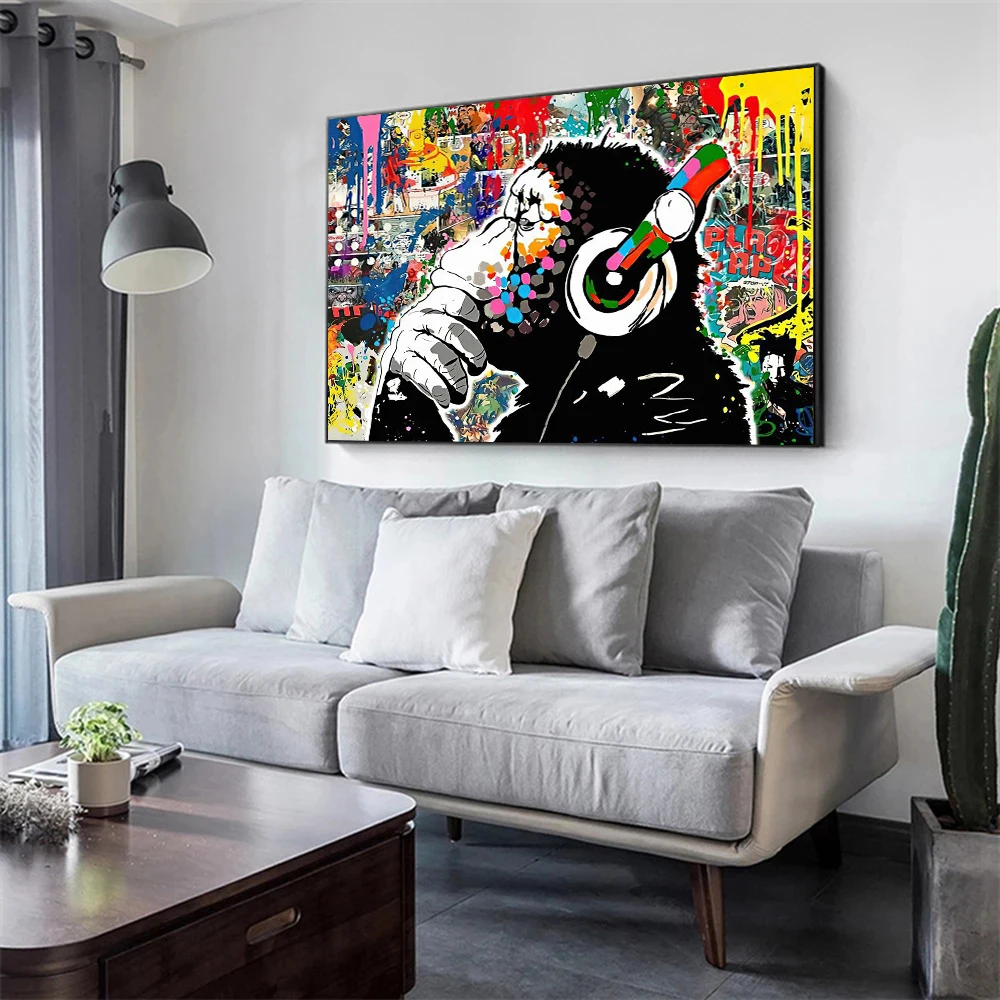 قرد على الجدران في الشارع مع سماعات الرأس ، ملصق فني جداري ، Orangutan حديث تجريدي ، لوحة قماشية ، مطبوعات الغرف ، لوحات جدارية ، ديكور للمنزل #4