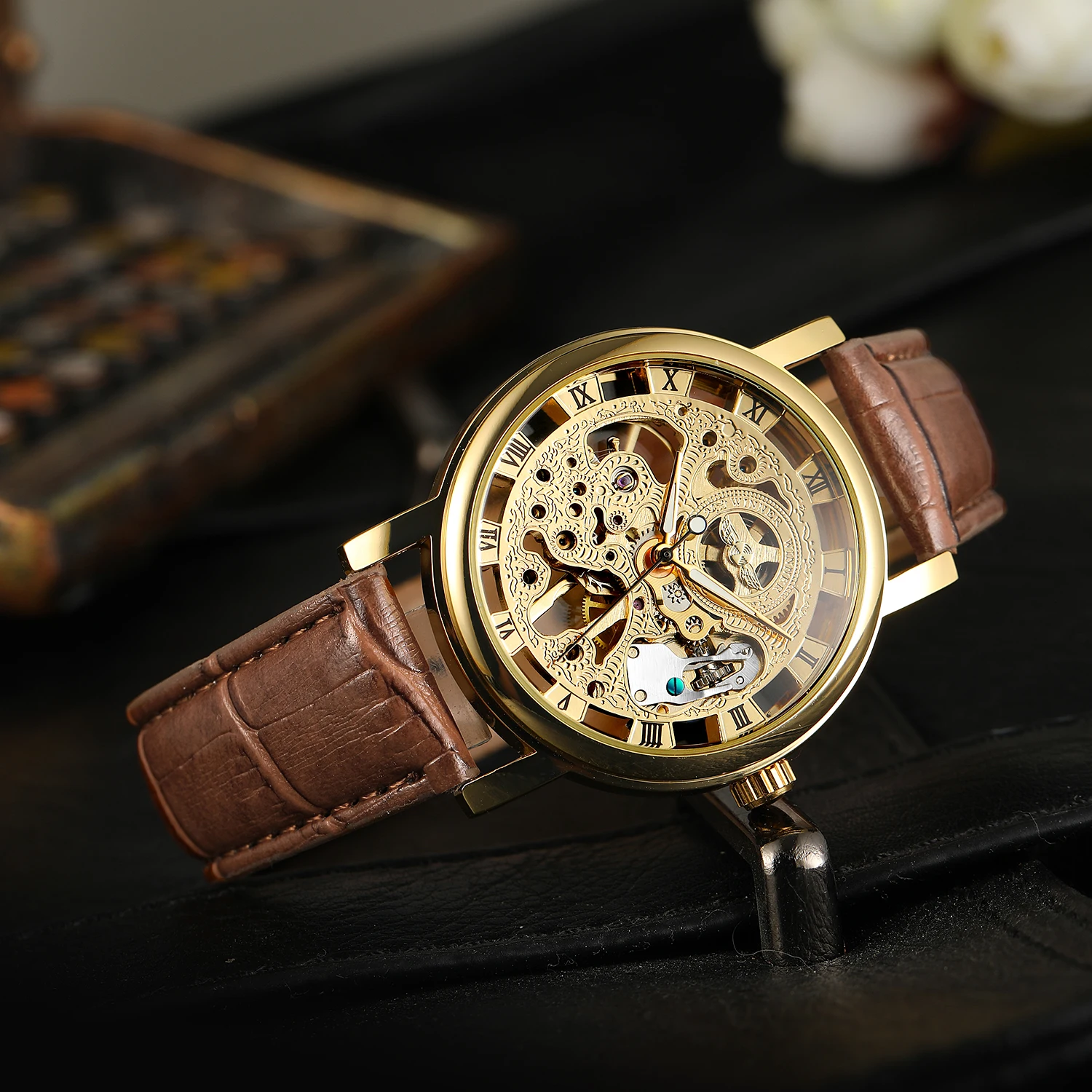 T-Winner New Arrival Luxury Mens Mechanical Watch Skeleton Relojes Montre Genuine Brown Leather Band Hand Wind Wristwatch