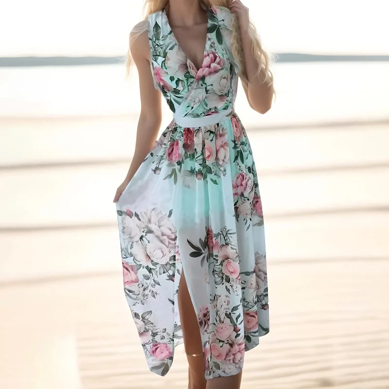 여성용 맥시 프린트 드레스 섹시한 오프 숄더 프릴 우아한 v 넥 드레스 긴 패션 스트랩 쉬폰 드레스 Vestidos Para Mujer