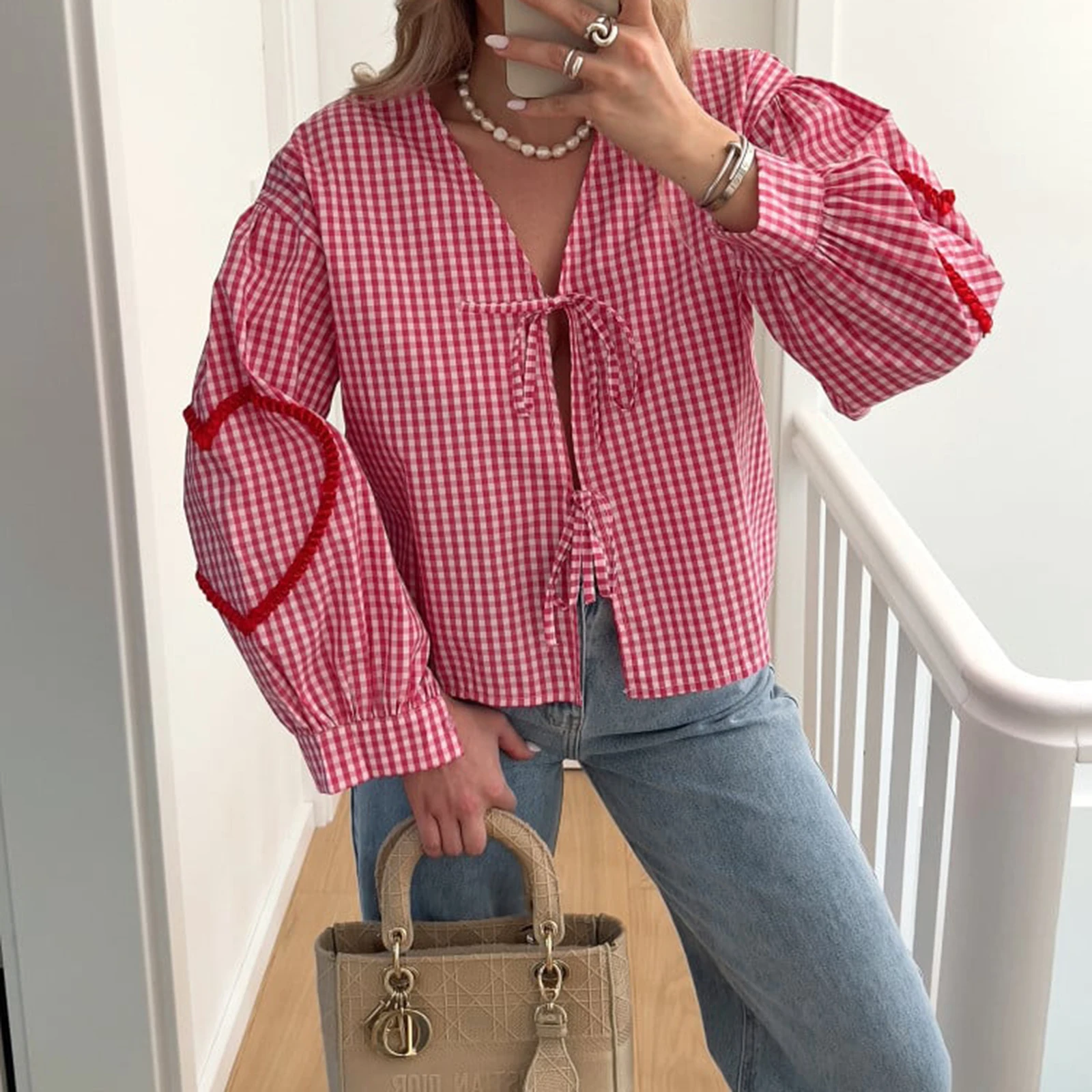 Dourbesty Love Heart Embroidery Peplum Blouse for Women Retro Autumn Puff Long Sleeve Front Shirt y2k Kawaii Office Blouse Tops