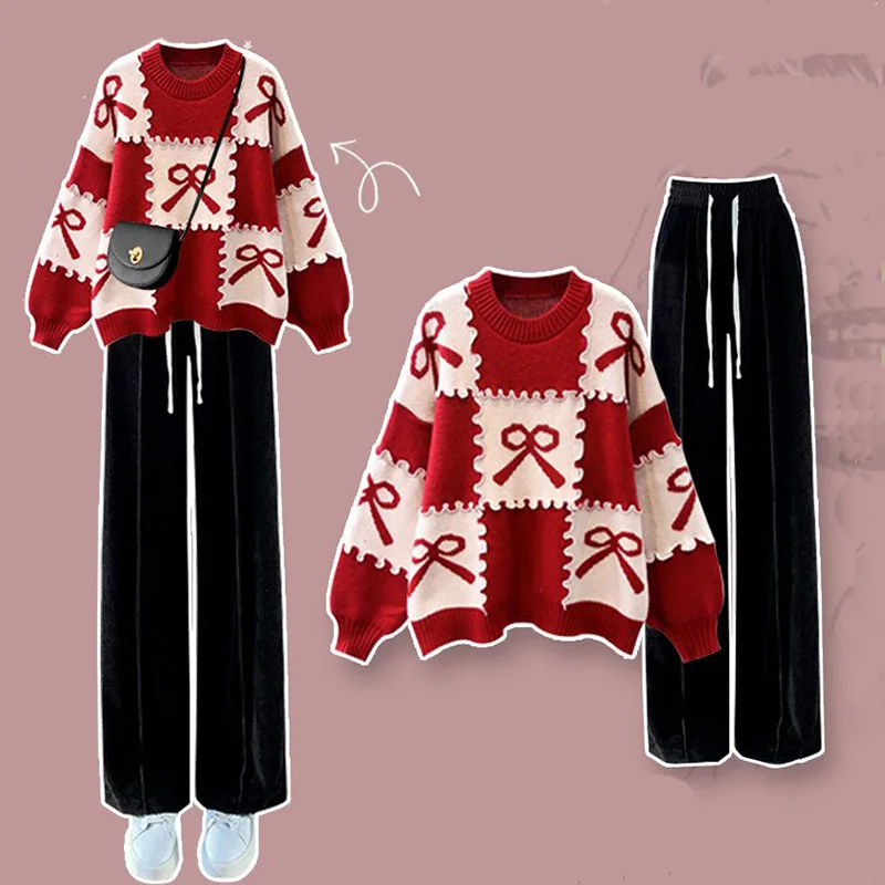 Loose Red Knitted Sweater and Casual Pants Set for Women, 2-Piece Outfits, Korean, Autumn and Winter, 2024