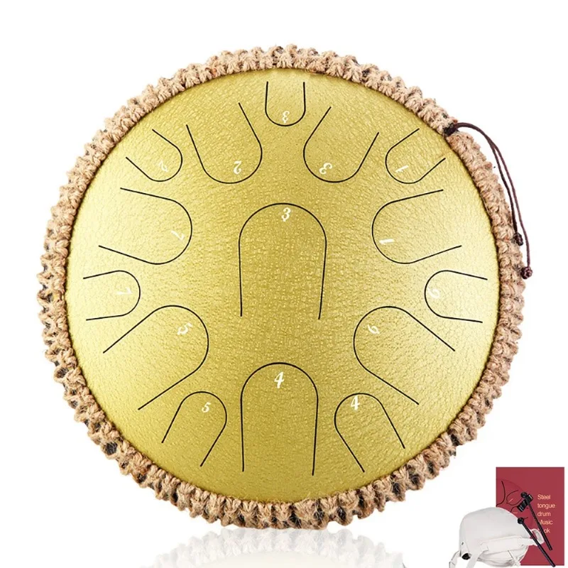 New 14 Inch 15 Tone Drum Steel Tongue Drum with Handbag Drumsticks Percussion Psychotherapy Meditation Instrument Gift Beginner