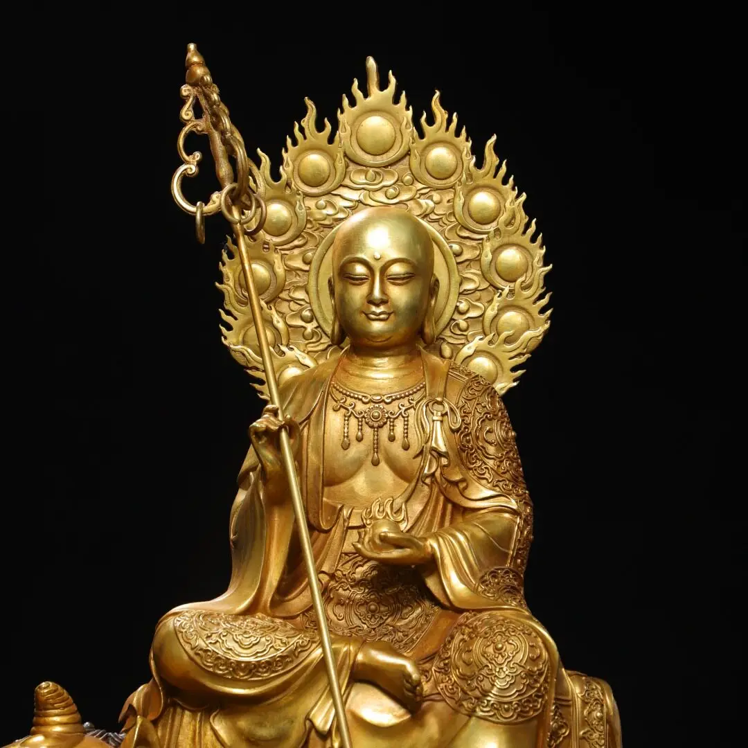 Large Ksitigarbha Di Ting Statue Pure Copper Gold Plated Temple Home Altar Vintage Decorative Figurine