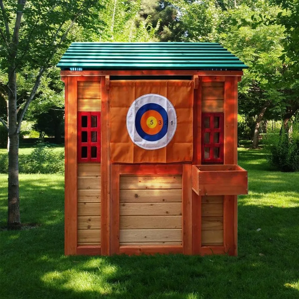 

Outdoor Playhouse for Age 3-8 Years Boy Girl, Wooden Cottage Playhouse with 4 Game Awning Window, Ball Wall & Tetris.