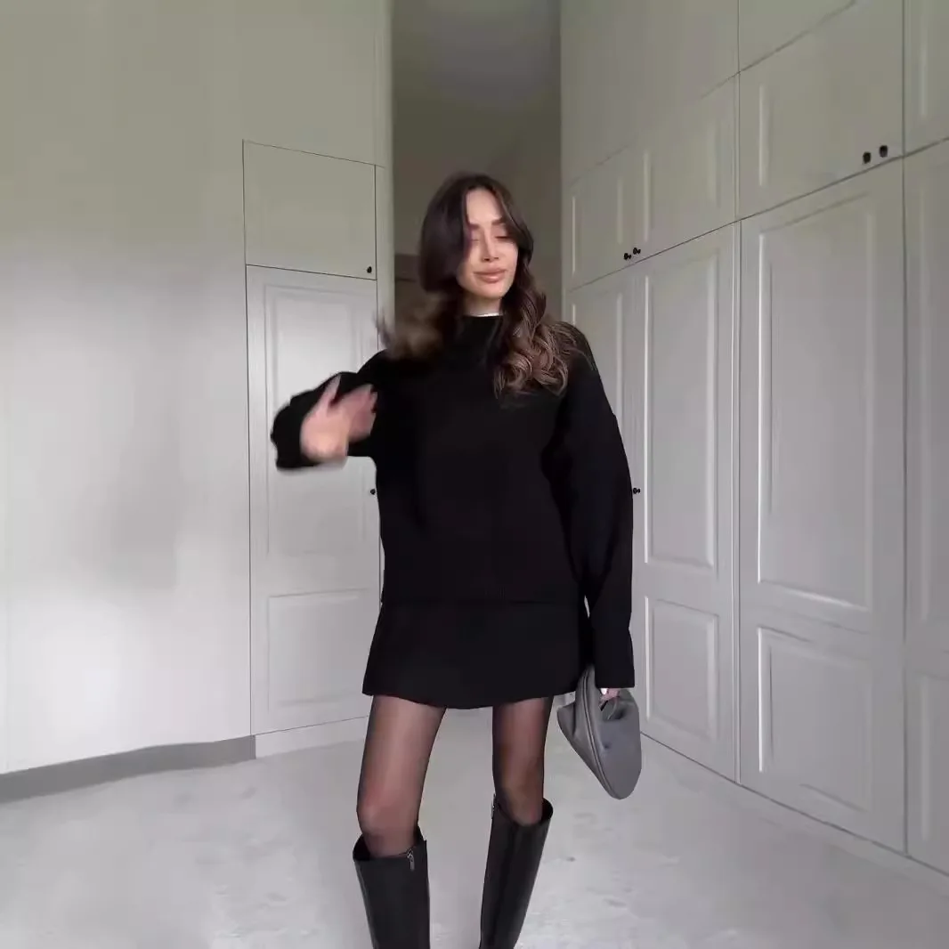 Traje de falda de punto para mujer, Jersey, suéter, minifaldas, conjuntos de 2 piezas, Top de punto con cuello redondo, trajes de punto, conjunto informal de otoño