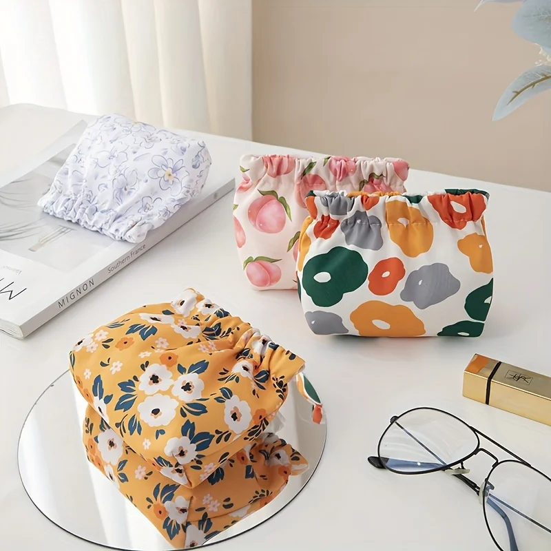 Elastic Hair Tie Cosmetic Bags Organizer, Cute Pattern Printing Coin Purse Self-closing Small Item Bags Portable Travel Storage