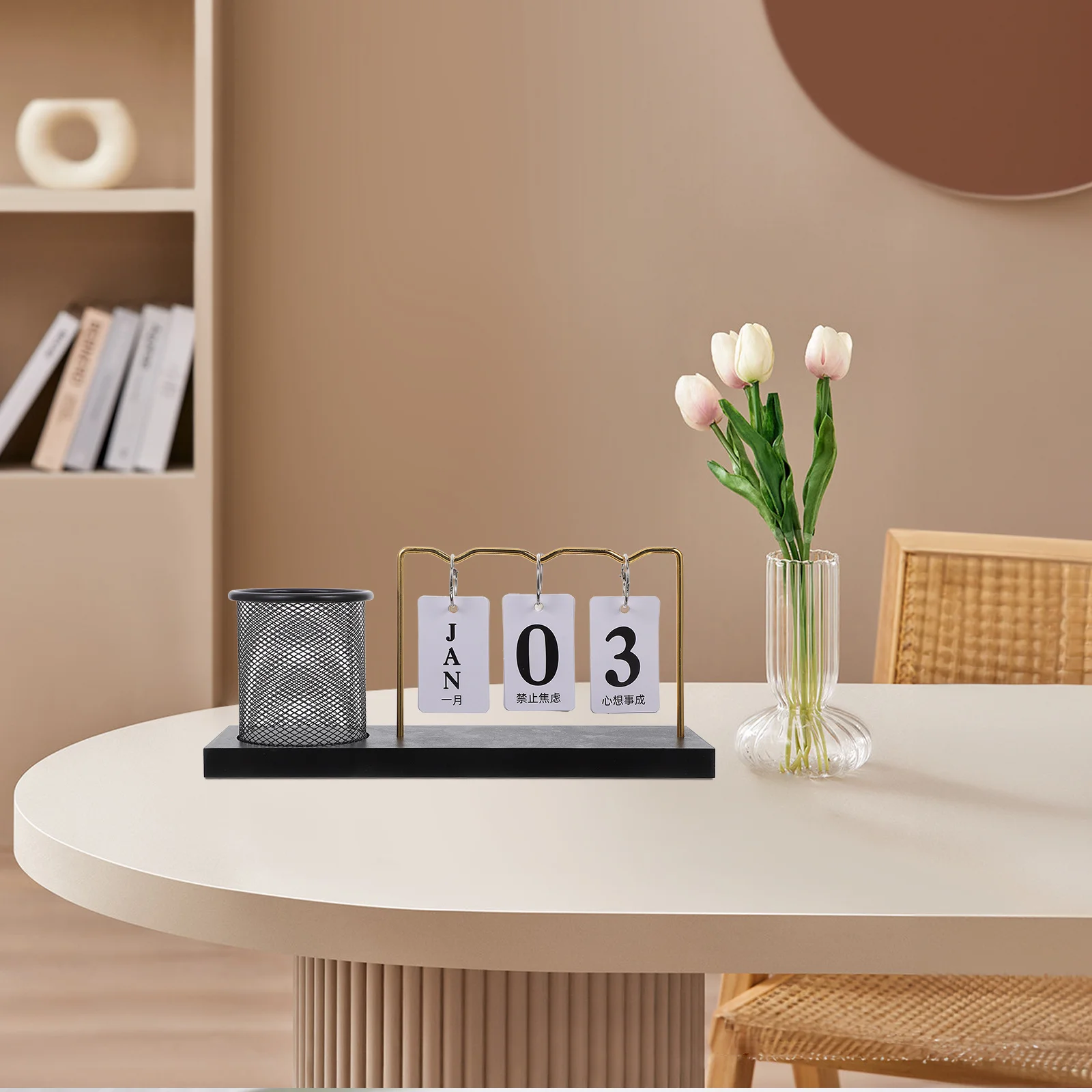 

Wooden Perpetual Flip Calendar Pen Holder Desk Organizer Multifunctional Date Flip Chart For Office Home Classroom Use