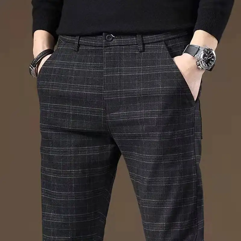 Business Male Suit Trousers Straight Slim Fit Social Tailoring Check Plaid Tressed Men\'s Summer Pants Chinese Homme 2024 Up Fine