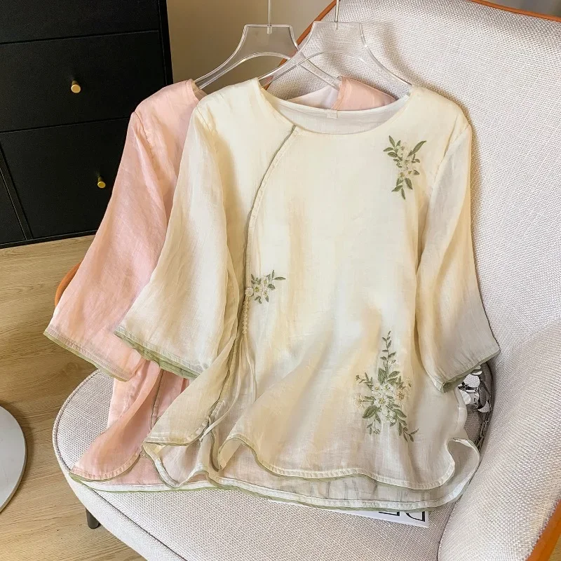 Cotton Linen Chinese Style Women's Shirt Summer Embroidery Vintage Blouses Loose Women Top O-neck Clothing