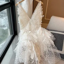 Women Summer Fairy Mesh Spliced Ruffles Tank Dress Irregular V-Neck Lace Patchwork 3D Flowers Dress White Fluffy Dress Vestidos