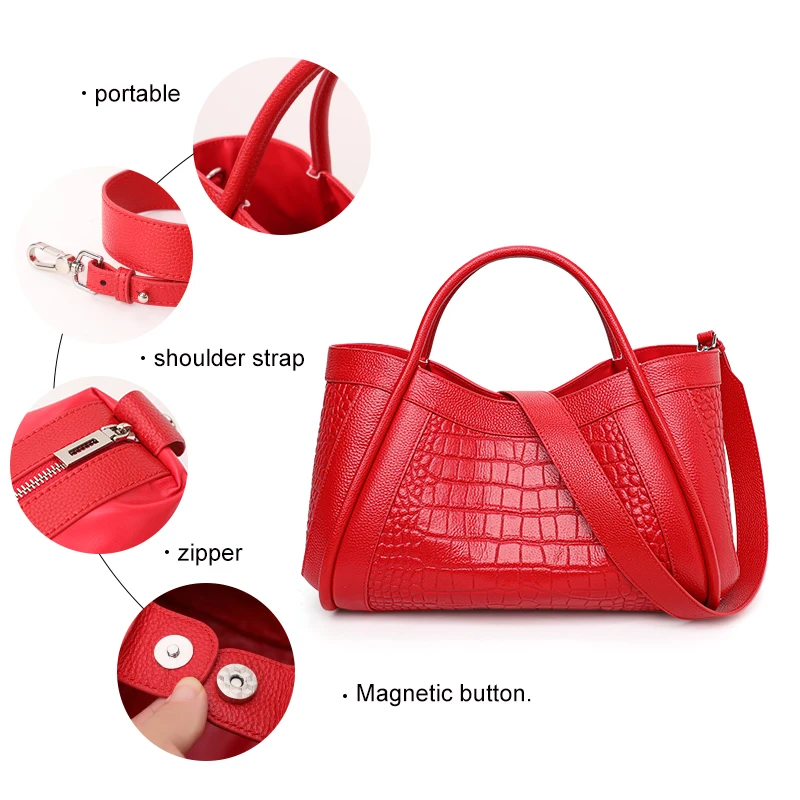 Aidrani Trendy Crocodile Patterned WOMEN\'S Handbag, Red Large Bag, Made of Soft and Comfortable Cowhide