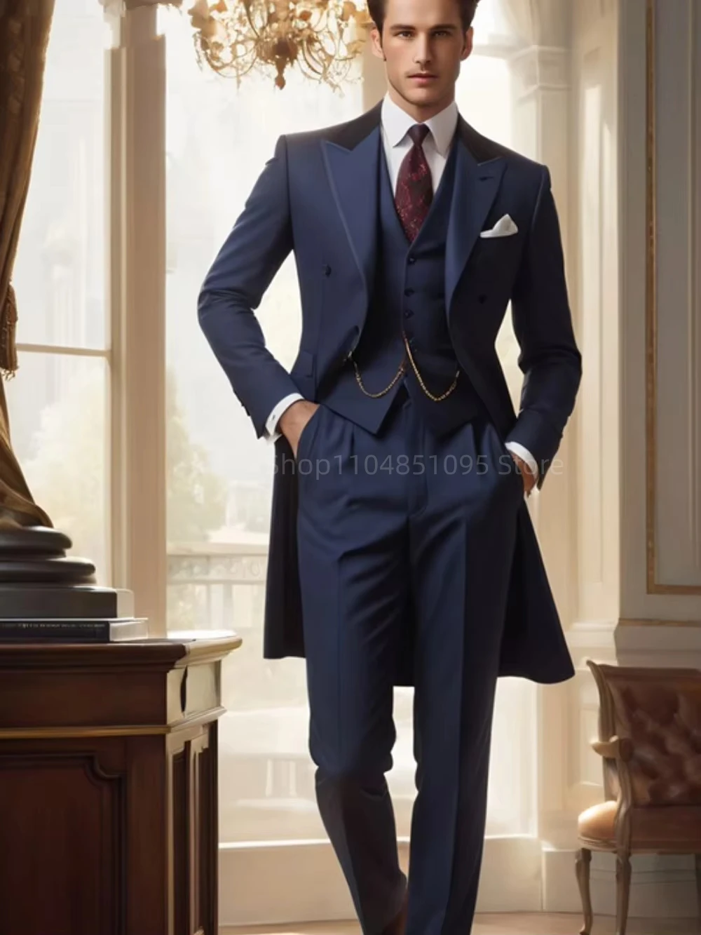 

Handsome Single Breasted Navy Blue Men Suits Classic Long Coat Men Suit Hot Sell Male Set Daily Business Party Blazer Pants Vest