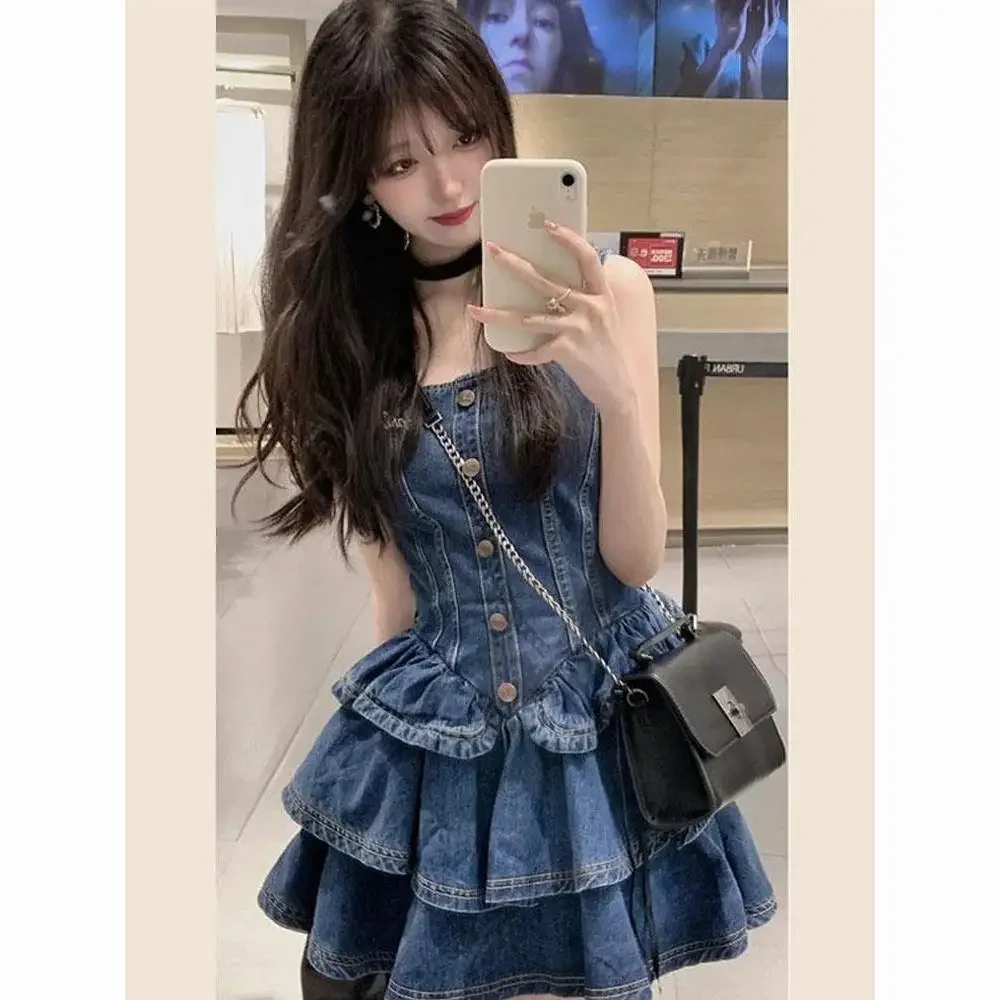 2023 New Summer French Strap Jeans Dress Women Robe Slim Waist Princess Pomped Dress Slash Neck Dress Denim Clothing