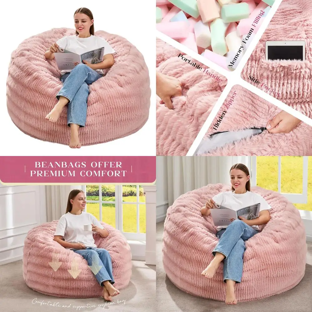 

Fluffy Ripple Cover Bean Bag Chairs for Adults - Giant 3FT Pink Bean Bags, 36x36x22 Inches