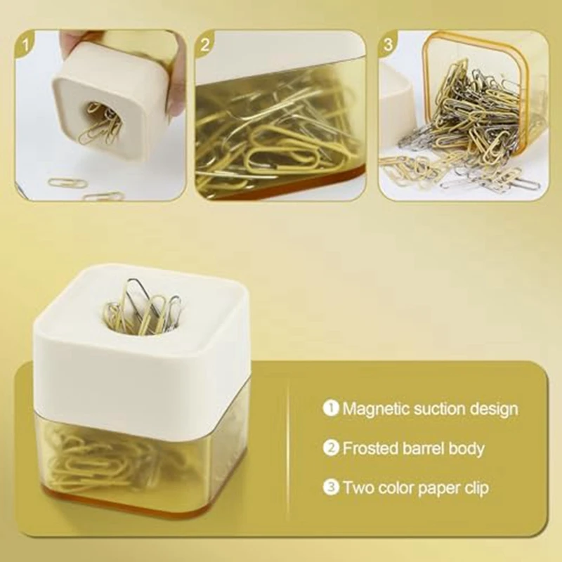 New Two-Color Paper Clips In Elegant Magnetic Frosted Square Clip Holder, 28Mm, 130 Clips Per Box Durable (Butter Yellow)