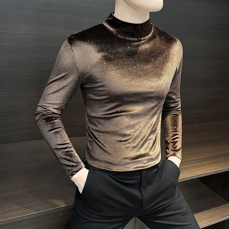 2026 New Arrival Men's Velvet Long Sleeve T-Shirt Slim Fit Mock Neck Top Autumn Winter Casual Base Layer Tee for Men