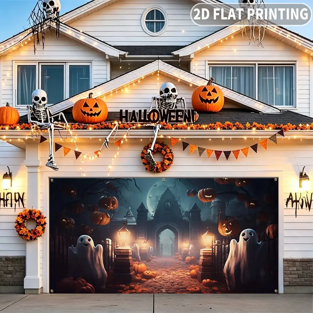 1pc 2D FLAT Halloween Garage Banner, Halloween Ghosts Pumpkins Haunted Castle Gate Pattern, No Power Need, for Festive Decor