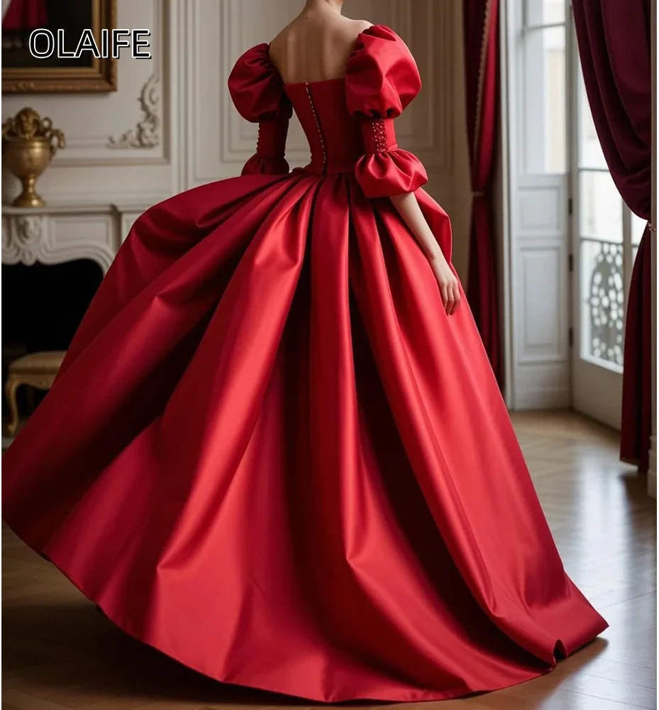 Satin Sweetheart A-Line Sweep Train Dresses For Special Occasions Customized Long Puff Sleeves Prom Dresses