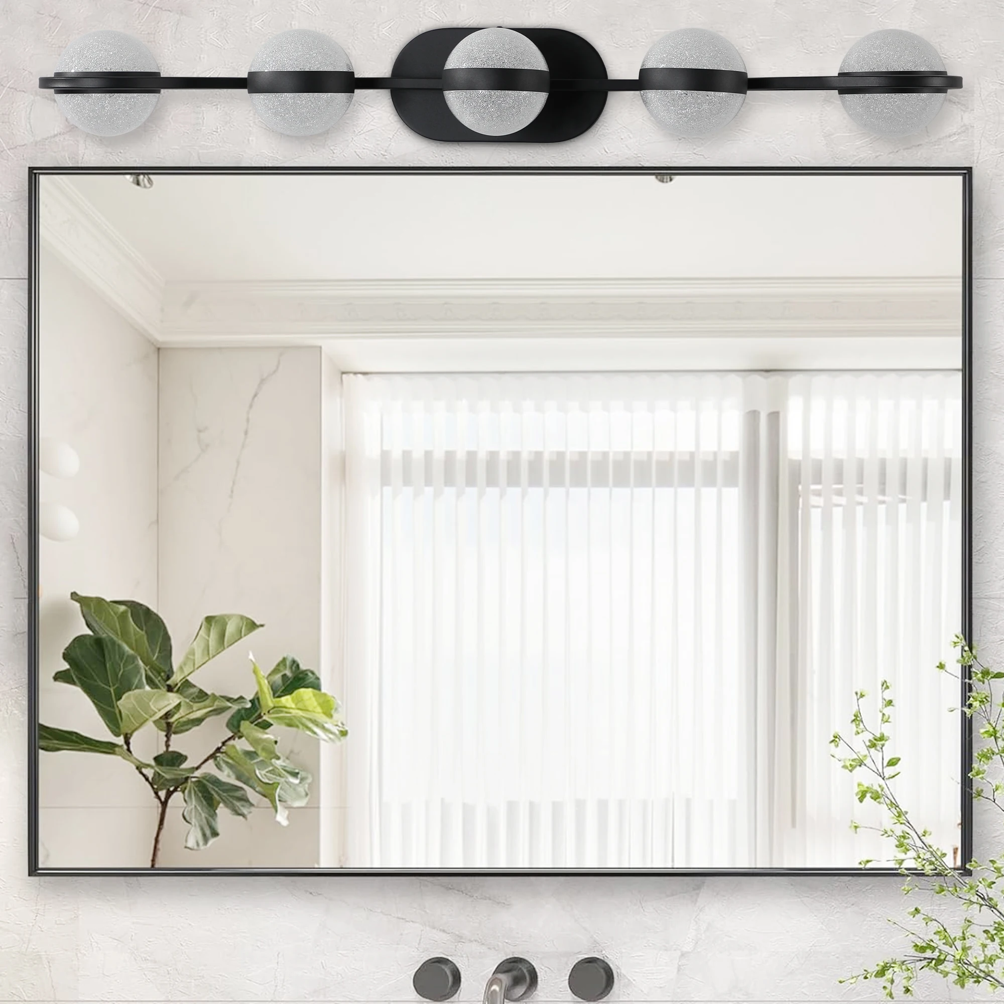 

Modern Minimalist Bathroom Vanity Light, LED 5 Bulb Frosted Glass Shades, Wall Mounted Decorative Lighting Fixture (Black)